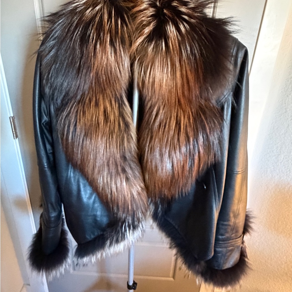 Overland Celestine Black Lambskin Leather Jacket w Finnish Silver Fox Fur Trim